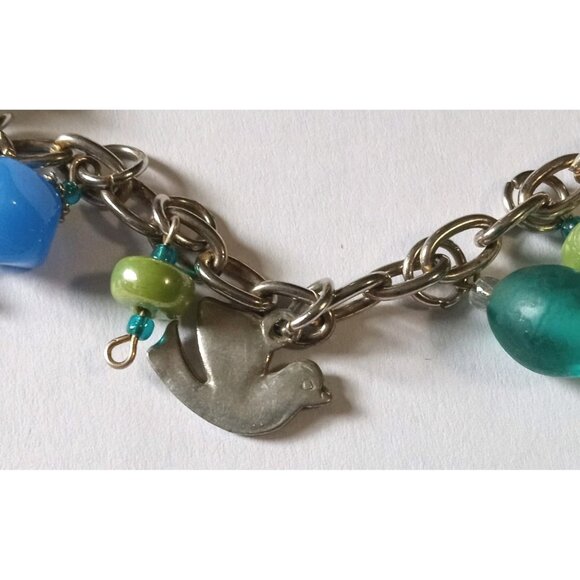 Vintage Art Glass Christian Symbols Charm Bracelet Silver Tone Chain Beads - Picture 6 of 14